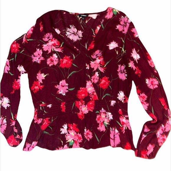 ✨ Express Maroon Smocked Waist Surplice Blouse✨ - Picture 3 of 3